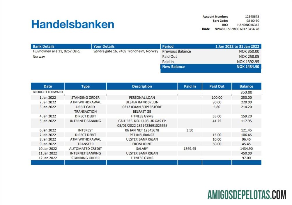 Modelo de extrato bancário do Handelsbanken da Noruega